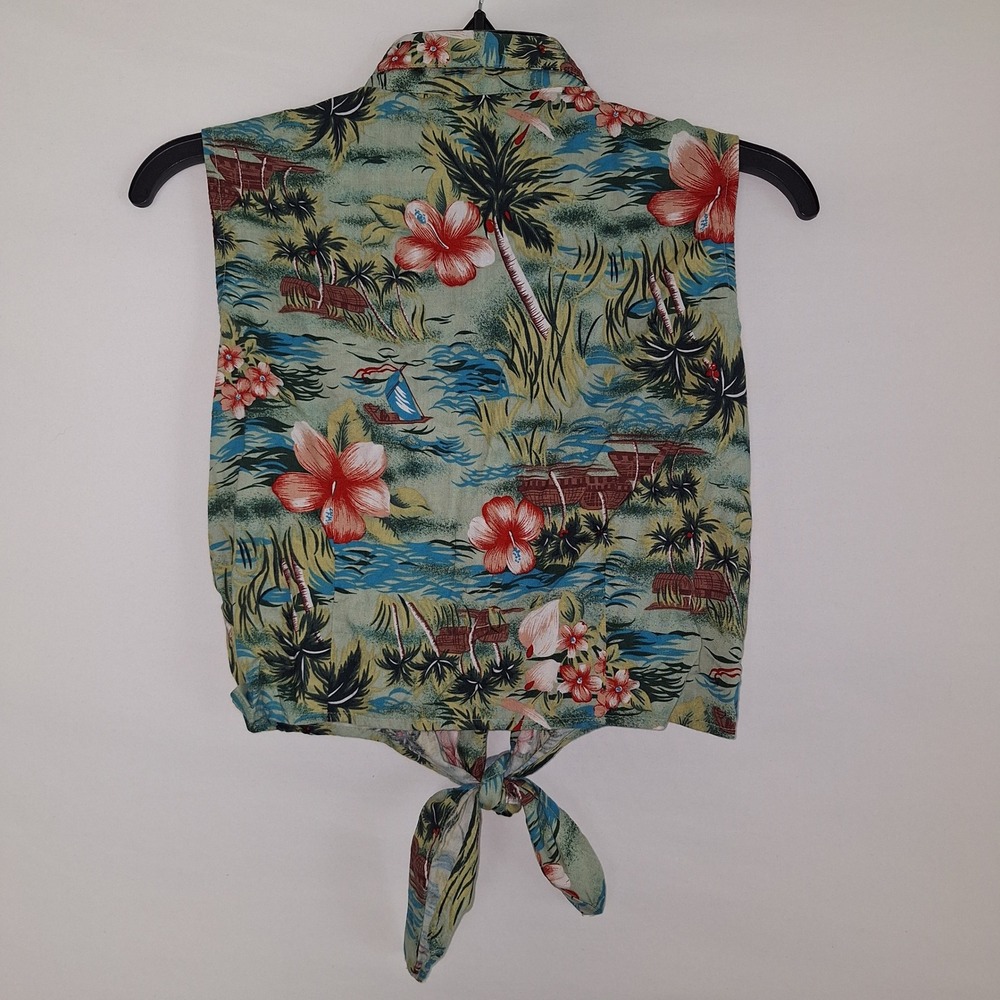 Vintage Newport News Tropical Hibiscus Tie Front Sleeveless Button Up Top S - Picture 2 of 14